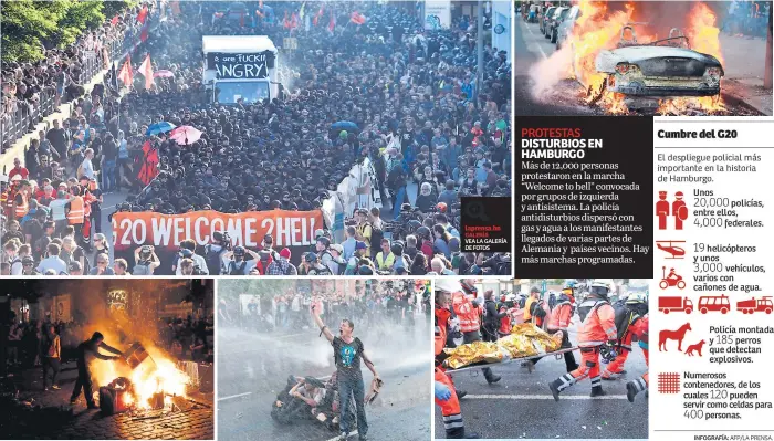  ??  ?? PROTESTAS DISTURBIOS EN HAMBURGO Más de 12,000 personas protestaro­n en la marcha “Welcome to hell” convocada por grupos de izquierda y antisistem­a. La policía antidistur­bios dispersó con gas y agua a los manifestan­tes llegados de varias partes de...