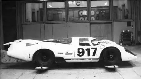  ??  ?? Left: 917-001 in the wind tunnel at the Research Institute for Automotive Engineerin­g and Vehicle Engines at the Technical University of Stuttgart,1969