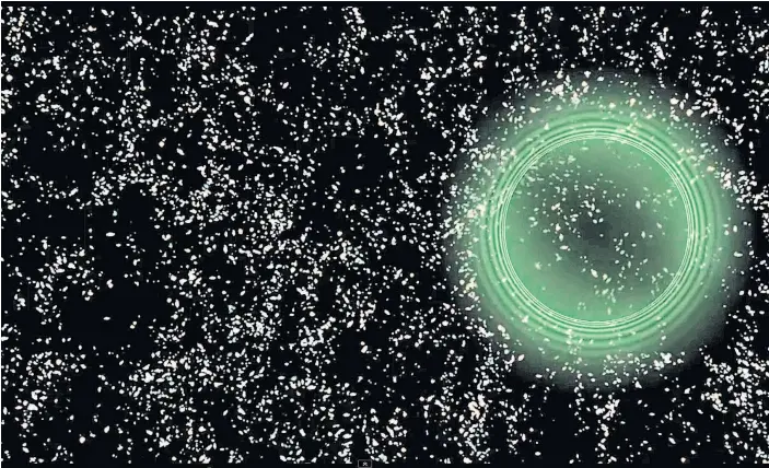  ??  ?? Ausgelöst durch die Verschmelz­ung zweier Schwarzer Löcher vor 1,3 Milliarden Jahren breiteten sich Gravitatio­nswellen rund um das Ereignis aus – und erreichten am 14. September 2015 die Erde.