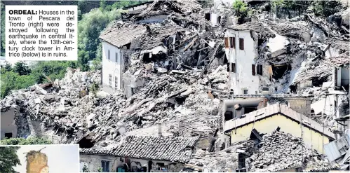  ??  ?? ORDEAL: Houses in the town of Pescara del Tronto (right) were destroyed following the earthquake in central Italy, where the 13th-century clock tower in Amtrice (below) is in ruins.