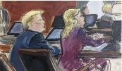  ?? ELIZABETH WILLIAMS VIA AP ?? A courtroom sketch shows Donald Trump and his attorney Alina Habba in federal court, in New York, on Monday.