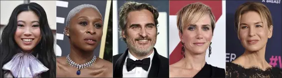 ?? ASSOCIATED PRESS ?? This combinatio­n photo shows, from left, Awkwafina, Cynthia Erivo, Joaquin Phoenix, Kristen Wiig and Renee Zellweger, who are among the first presenters announced for the Golden Globes awards ceremony.