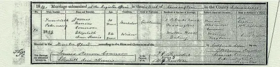  ??  ?? Marriage in 1869 of James Nenon Connor to Elizabeth Ann Harris. She says she is a widow