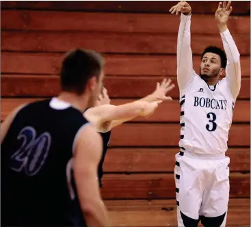  ??  ?? Sophomore guard Patrick Simmons connected on his first eight 3-point attempts and finished 8-for-9, the second-highest total in Bobcat history, in the 90-61 win over The Crown College last week. (Messenger photo/Scott Herpst) Oakwood Christian girls...