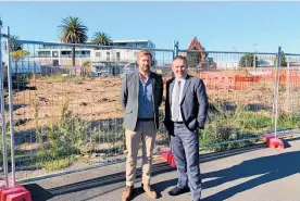  ??  ?? Wallace Developmen­t Company Limited developmen­t manager Tyler Tabak and Quest Apartment Hotels (NZ) Ltd group general manager Adrian Turner at the site.