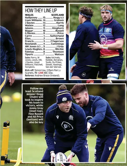  ??  ?? Follow my lead: Scotland skipper Hogg (main) will look to inspire his team to victory, while Jonny Gray (inset top), Finn Russell and Ali Price (bottom) will also be key