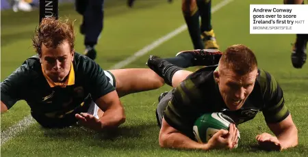  ?? MATT BROWNE/SPORTSFILE ?? Andrew Conway goes over to score Ireland’s first try