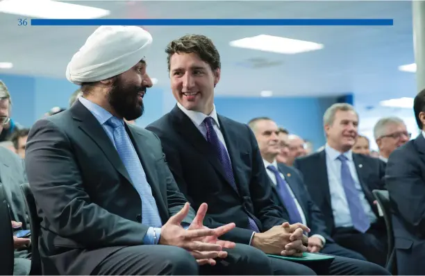  ?? Adam Scotti photo ?? Innovation Minister Navdeep Bains with Prime Minister Justin Trudeau at a Kitchener innovation event in 2016. Trudeau pointed out that he had more Sikhs in his cabinet (four), than in the cabinet of India (two).