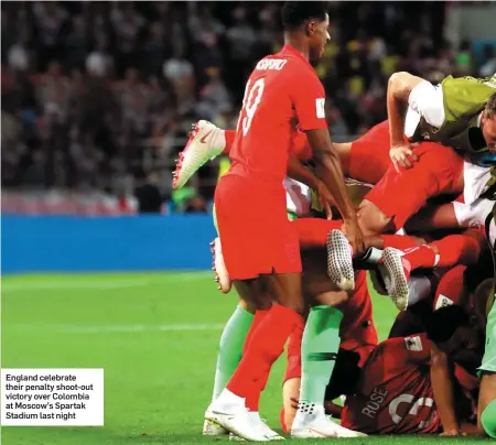  ??  ?? England celebrate their penalty shoot-out victory over Colombia at Moscow’s Spartak Stadium last night