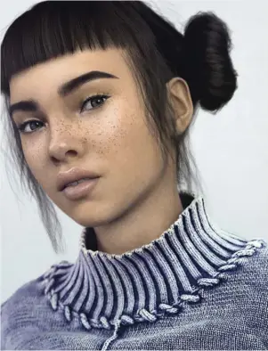  ??  ?? Con le lentiggini e il diastema, Lil Miquela è la prima nata delle it girl virtuali. I suoi chignon laterali e il bob liscio sono diventati subito trend. Ama i look estremi e promette di indossare il lipstick bronzo by Path McGrath al proprio funerale.