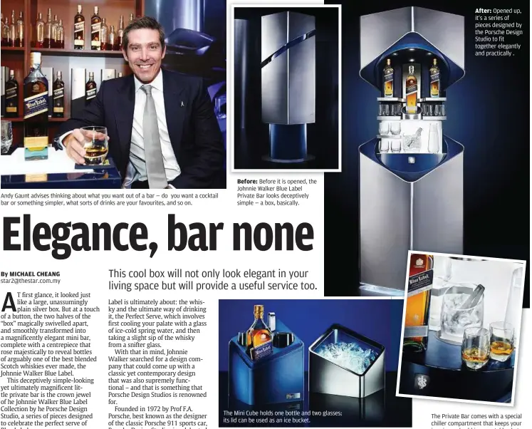  ??  ?? Andy Gaunt advises thinking about what you want out of a — do you want a cocktail bar or something simpler, what sorts of drinks are your favourites, and so on. Before: Before it is opened, the Johnnie Walker Blue Label Private Bar looks deceptivel­y...