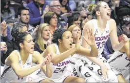  ?? BRAD HORRIGAN / HARTFORD COURANT ?? UConn’s Kia Nurse (left), Napheesa Collier and Katie Lou Samuelson are part of a Huskies squad favored again to win a national championsh­ip.