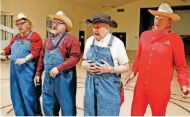  ??  ?? From left, Oklahoma Seniors Cabaret performers Ron Mollet, Robert Burrall, Charles Jones and Alton Scott rehearse Monday at Messiah Lutheran Church in Oklahoma City.