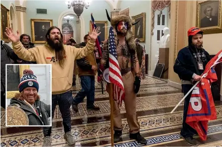  ?? AP ?? QAnon ‘‘shaman’’ Jake Angeli, centre, seen in the halls of the US Capitol, and Adam Johnson, inset, have been arrested for their parts in the occupation of the US Capitol building last week.