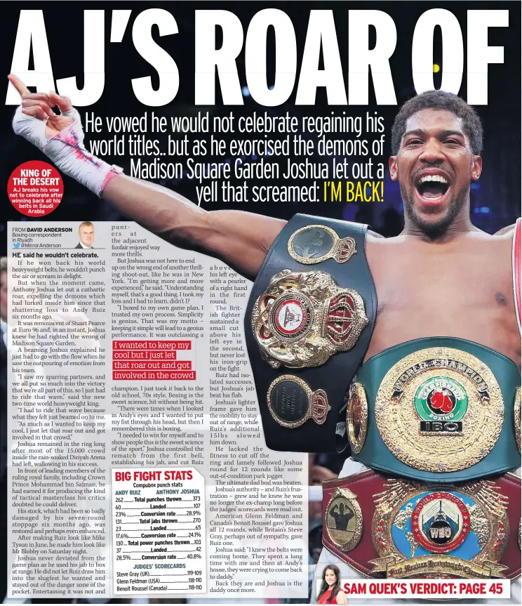  ??  ?? AJ breaks his vow not to celebrate after winning back all his belts in Saudi Arabia