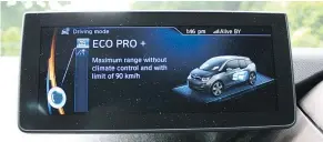  ??  ?? The 2017 BMW i3’s stingiest driving mode is Eco Pro+, which caps the car’s top speed at 90 km/h and disables climate controls.