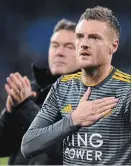  ?? SIMON GALLOWAY THE ASSOCIATED PRESS ?? Leicester City’s Jamie Vardy puts his hand to his heart after the final whistle of Saturday’s match against Cardiff City.