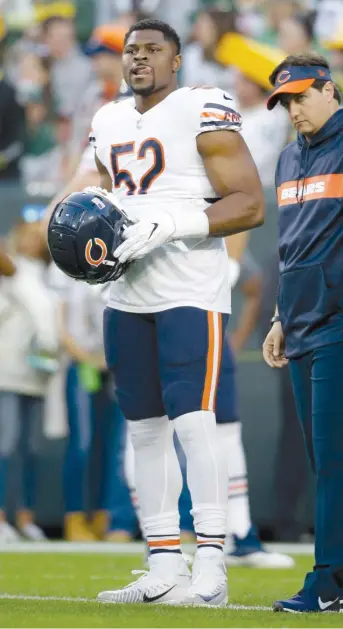  ?? JEFFREY PHELPS/AP ?? Outside linebacker Khalil Mack played 42 of the Bears’ 60 defensive snaps against the Packers.