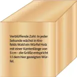  ??  ?? Verblüffen­de Zahl: In jeder Sekunde wächst in Krefelds Wald ein Würfel Holz mit einer Kantenläng­e von 5 cm – die Größe entspricht 1:1 dem hier gezeigten Würfel.