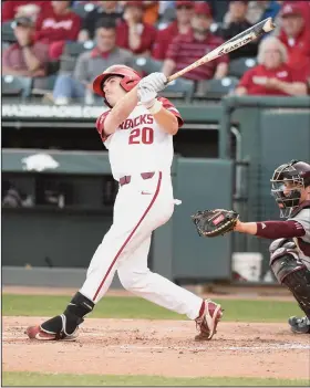  ?? Craven Whitlow/Special to the News-Times ?? Shaddy returns: Arkansas' Carson Shaddy watches the ball after making contact during the Razorbacks' contest against Missouri State earlier this season in Fayettevil­le. Shaddy returned to the lineup over the weekend after missing several games due to...