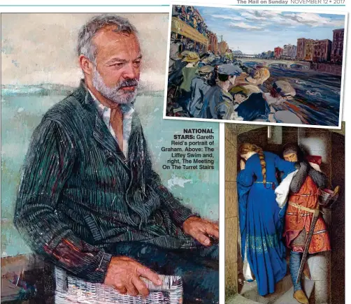  ??  ?? Gareth Reid’s portrait of Graham. Above: The Liffey Swim and, right, The Meeting On The Turret Stairs