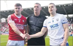  ?? (Pic: George Hatchell) ?? Captains Niall O’Leary (Cork), Jamie Barron (Waterford) with referee James Owens (Wexford) before Sunday’s encounter at Páirc Uí Chaoimh.