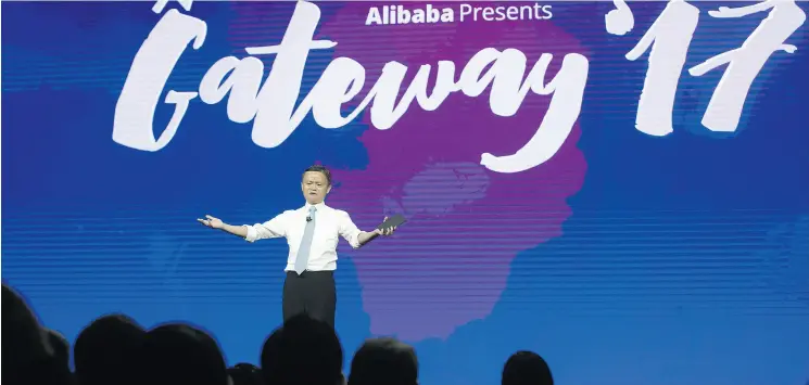  ?? COLE BURSTON / BLOOMBERG ?? Jack Ma, chairman of Alibaba Group Holding Ltd., speaks in Toronto on Monday at the Gateway ’17 Canada conference, which attracted 3,600 people.