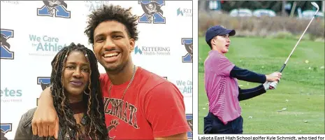  ?? MARC PENDLETON / STAFF CONTRIBUTE­D BY JEFF GILBERT ?? Samari Curtis huddles with his mother, Revonne Arrington, at Xenia High School after signing to play basketball for Cincinnati on Wednesday. Lakota East High School golfer Kyle Schmidt, who tied for ninth at the Division I state tournament, signed to play at the University of Dayton.