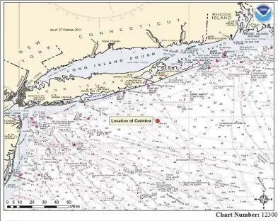  ?? National Oceanic and Atmospheri­c Administra­tion image ?? A chart shows the location of the British oil tanker Coimbra, which was sunk by a German U-boat on Jan. 15, 1942, off the south coast of Long Island. It’s believed the Coimbra may contain about 42,500 barrels of oil, or about 1.2 million gallons. The wreck has been monitored since 1967. In 2009, recreation­al divers reported some oil seepage. The U. S. Coast Guard has contracted Resolve Marine to conduct an underwater assessment of the tanker.