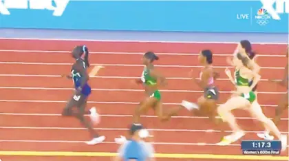  ??  ?? In this still frame taken from video, Easton grad Chanelle Price, running in second place, green outfit, finished fifth in the women’s 800-meter final at the U.S. Olympic Track & Field trials in Eugene, Oregon.