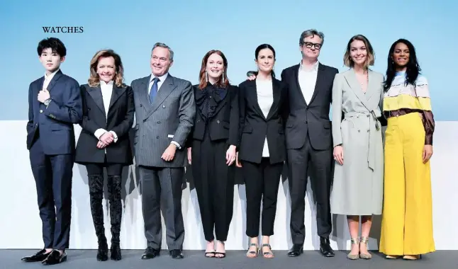  ??  ?? Press conference for ‘The Journey to Sustainabl­e Luxury’, from left to right: Roy Wang, Caroline and Karl-friedrich Scheufele (Co- Presidents of Chopard), Julianne Moore, Livia Firth, Colin Firth, Arizona Muse and Noella Coursaris