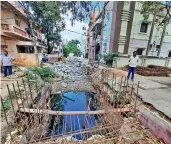  ?? — P. SURENDRA ?? A nala under constructi­on as part of the Strategic Nala Developmen­t Programme in the city in Deendayal Nagar area of Neredmet. Residents complain that the stagnated water in the nala is breeding ground for mosquitoes. It has been left open for the last six months.