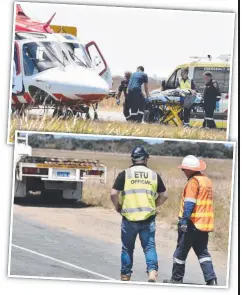  ??  ?? Emergency crews and co-workers worked franticall­y to free the trapped man. He was flown to the Royal Melbourne Hospital and is in a serious condition. WorkSafe and Electrical Trades Union representa­tives were on site yesterday afternoon.