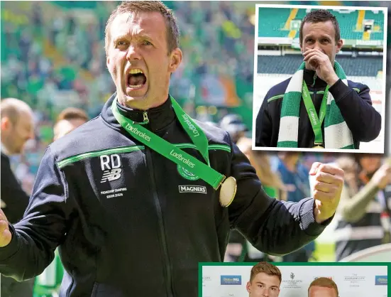  ??  ?? Medal of honour: Deila delivers the ‘Ronny Roar’ one last time and (inset) tries to hold back the tears at the end of his Celtic tenure