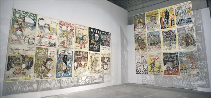  ?? Willy Lowry. Athr Gallery and the artist ?? Top: Ayman Yossri Daydban’s untitled installati­on of Egyptian cinema posters from the 1960s, at Refusing to Be Still, part of the 21,39 Jeddah art events. Left: Mohamed Monaiseer’s Toy Soldiers (2015-18) at Athr Gallery, Jeddah. Bottom: Zahra Al...