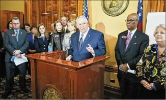  ?? BOB ANDRES/BANDRES@AJC.COM ?? House Speaker David Ralston, at a news conference to announce House Bill 930, urged passage of sweeping transit legislatio­n this year, instead of kicking the can down the road as in the past. “Georgia’s speed of change will not allow us to wait many...