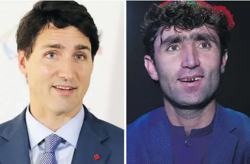  ?? WAKIL KOHSAR,LUDOVIC MARIN / AFP/GETTY IMAGES ?? Prime Minister Justin Trudeau, on the left, and Abdul Salam Maftoon, an Afghan singer and contestant of the television music competitio­n Afghan Star. Maftoon’s uncanny resemblanc­e to Trudeau has turned him into an unlikely celebrity in the war-torn country.