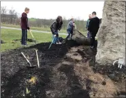  ?? ?? Members of Shoemakers­ville Scout Troop 163 removed black plastic under the mulch in the flowerbeds at Perry Township Recreation Area.