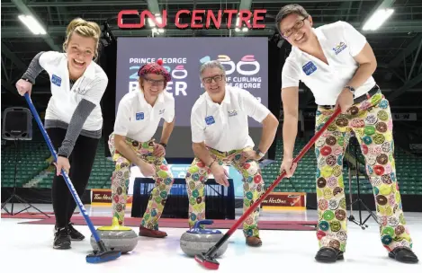  ?? CITIZEN PHOTO BY BRENT BRAATEN ?? Patty Knecevic, CN Centre general manager Glen Mikkelsen, Mayor Lyn Hall and Tourism Prince George CEO Erica Hummel announce that Prince George is making a bid for 2020 Tim Hortons Brier. The brier is often called ‘Canada’s greatest winter party.’