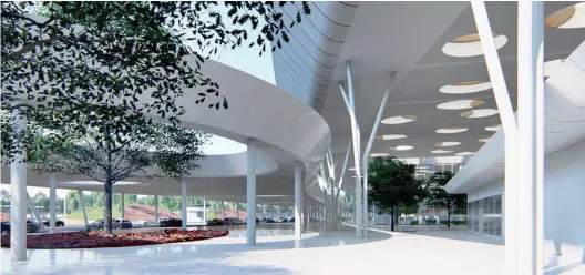  ??  ?? ‘ Floating Cloud- like’ Roof and Canopy — The forecourt of the terminal building is shaded with the 15.5m high cloud- like roof supported by sleek and inclined columns in contrast to the 7.5m high roof canopy over the drop- off zone with small pockets of green enlivening the space