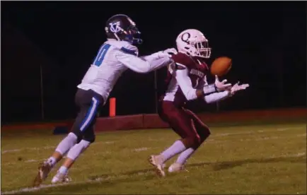  ?? BILL RUDICK – FOR DIGITAL FIRST MEDIA ?? Oxford’s Anthony Wood hauls in a pass in front of Great Valley’s Brendan O’Donnell Friday night.