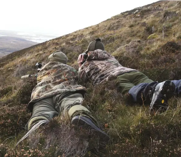  ??  ?? Top left: Islanders Angus Campbell (lelft) and Rory MacGillivr­ay. Above: Angus and Rory had to lie down in the heather for twenty minutes before Angus could get a clear shot at his stag. Below left: In 2008 the local community bought the 95,000 acre...