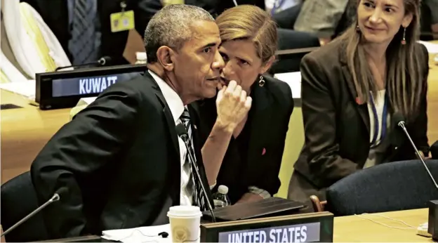  ??  ?? Below Samantha Power with Barack Obama at the UN, September 2016. Right In London, November 2017