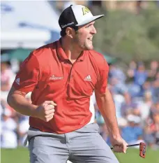  ?? ORLANDO JORGE RAMIREZ, USA TODAY SPORTS ?? Jon Rahm celebrates after making a putt for eagle on the 18th hole to cap his victory Sunday in the Farmers Insurance Open.