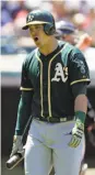  ?? Tony Dejak / Associated Press ?? Ryon Healy reacts after one of his three K’s in the Cleveland finale.