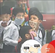  ?? SUSHIL KUMAR/ HT, REUTERS FILE ?? Schoolchil­dren cover their faces as air quality dips in New Delhi; (right) Residents of Beijing wear protective masks to guard against smog and air pollution.
