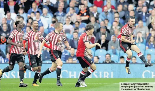  ?? ?? George Honeyman (right) jumping for joy after scoring the opener for Sunderland