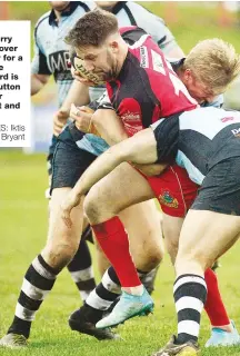  ?? PICTURES: Iktis Photo/Simon Bryant ?? Red danger: Redruth’s Harry Davey dives over in the corner for a try, left, while Matt Shepherd is tackled by Sutton & Epsom pair Jacob Knight and Alex Mount