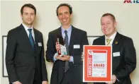  ??  ?? (Center) Adam Bromwich, Vice President of Security Technology and Response (STAR), received AVTEST’s “Best Protection 2015 Award” for the Symantec Endpoint Protection