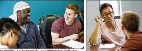  ?? PHOTOS BY ADAM CAIRNS / COLUMBUS DISPATCH ?? Andrew Hu (left) and Dan Lesman (right) tutor Caleb Alexander at Star House in Columbus as he works toward an associate’s degree from Columbus State Community College. Hu and Lesman founded Pass the Class. Hu and Lesman, OSU biomedical science majors, began tutoring homeless youth at the Star House in November.